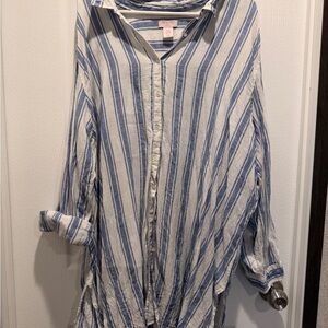 St. Tropez West Plus 3XL Blue White Striped Tunic Shirt Oversized Boho Blouse